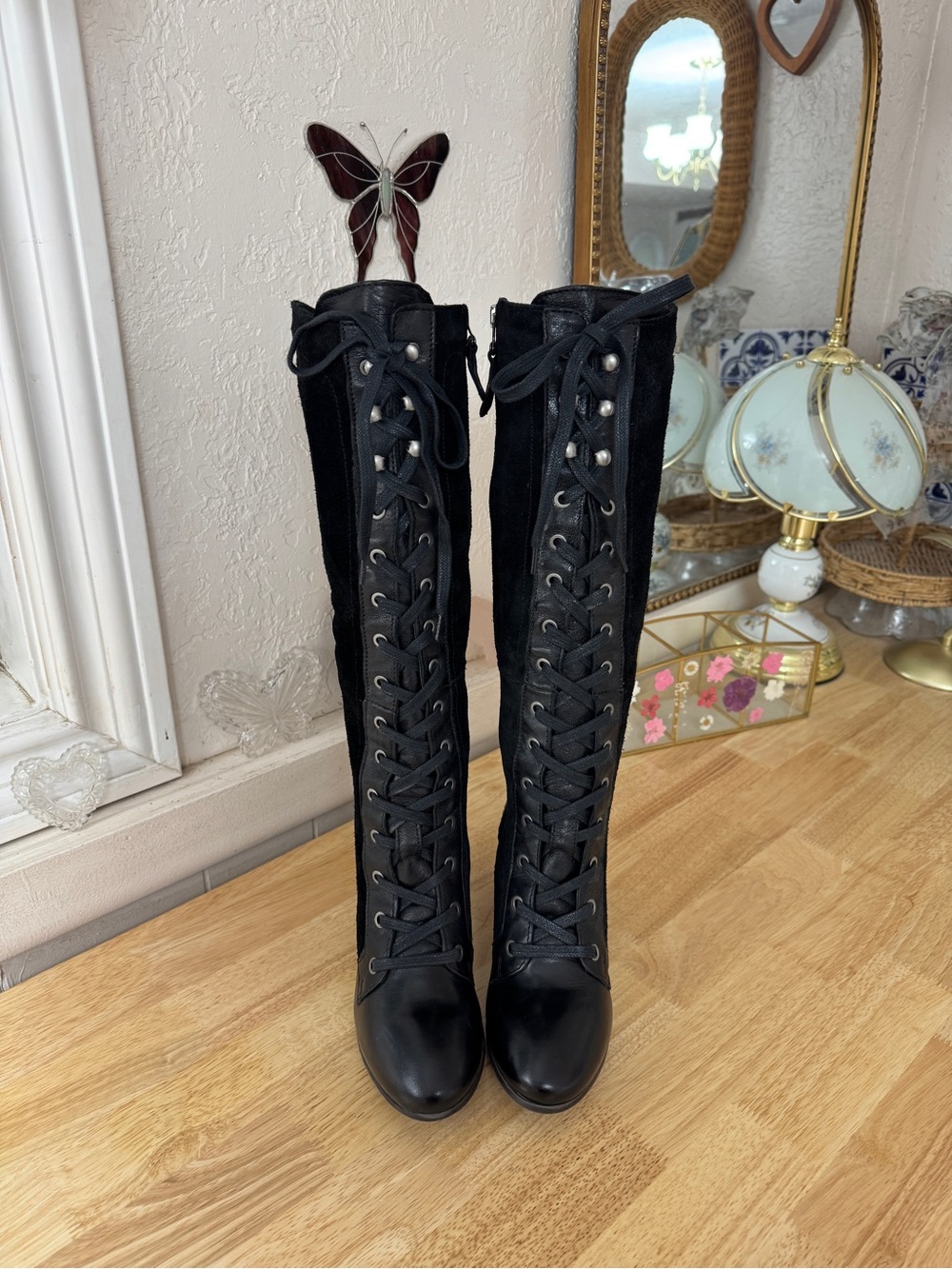 Whimsical Miz Mooz Black Suede Leather Lace-Up Knee High Heeled Boots EU 37
